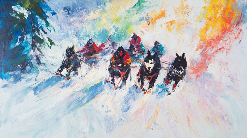 Hundeslede i vinterlandskap